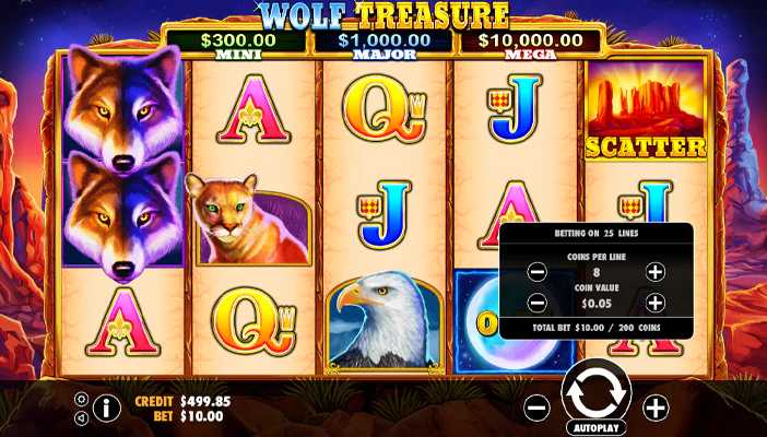 Screen of selecting the bet amount in Wolf Treasure pokie